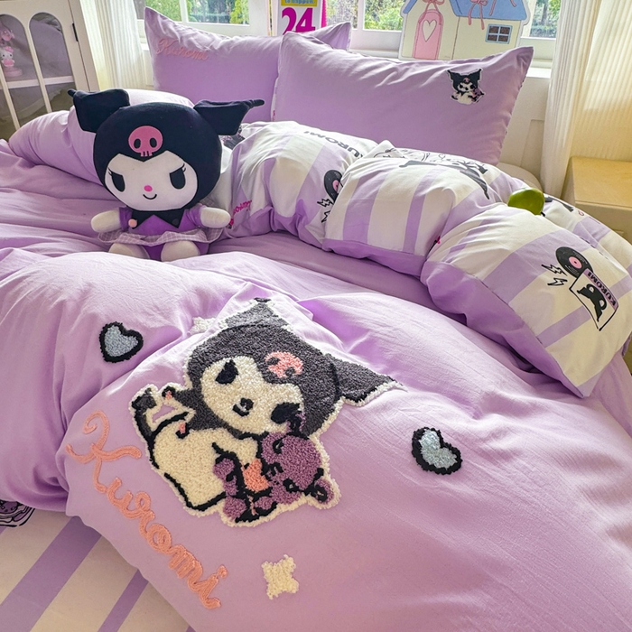 91家纺网 家纺一手货源 找家纺 艾特你 2025新款三丽鸥水洗云朵棉毛巾绣四件套-三丽鸥 暗黑萝莉-紫