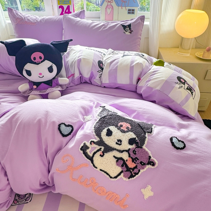 91家纺网 家纺一手货源 找家纺 艾特你 2025新款三丽鸥水洗云朵棉毛巾绣四件套-三丽鸥 暗黑萝莉-紫