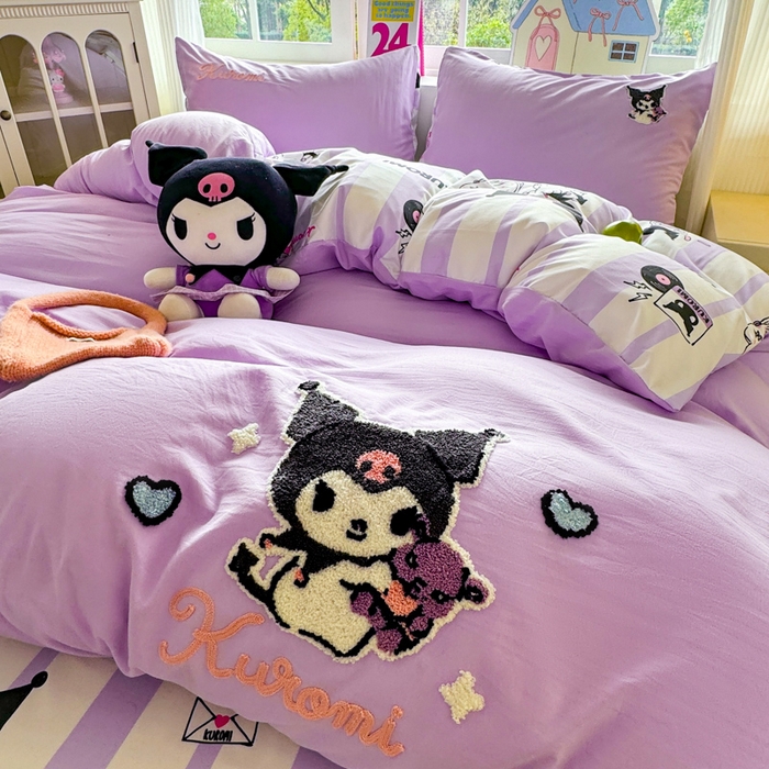 91家纺网 家纺一手货源 找家纺 艾特你 2025新款三丽鸥水洗云朵棉毛巾绣四件套-三丽鸥 暗黑萝莉-紫