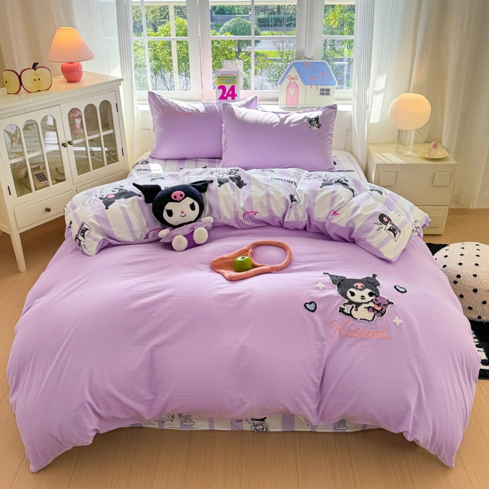 91家纺网 家纺一手货源 找家纺 艾特你 2025新款三丽鸥水洗云朵棉毛巾绣四件套-三丽鸥 暗黑萝莉-紫