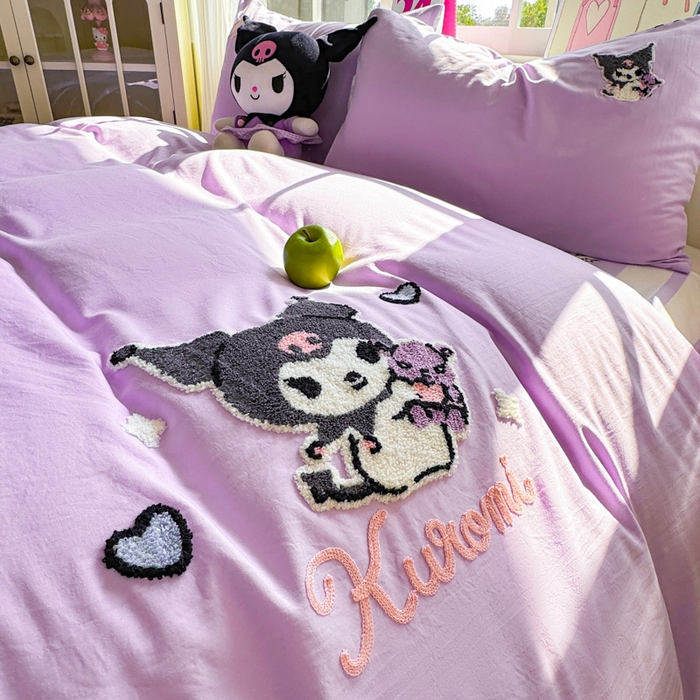 91家纺网 家纺一手货源 找家纺 艾特你 2025新款三丽鸥水洗云朵棉毛巾绣四件套-三丽鸥 暗黑萝莉-紫