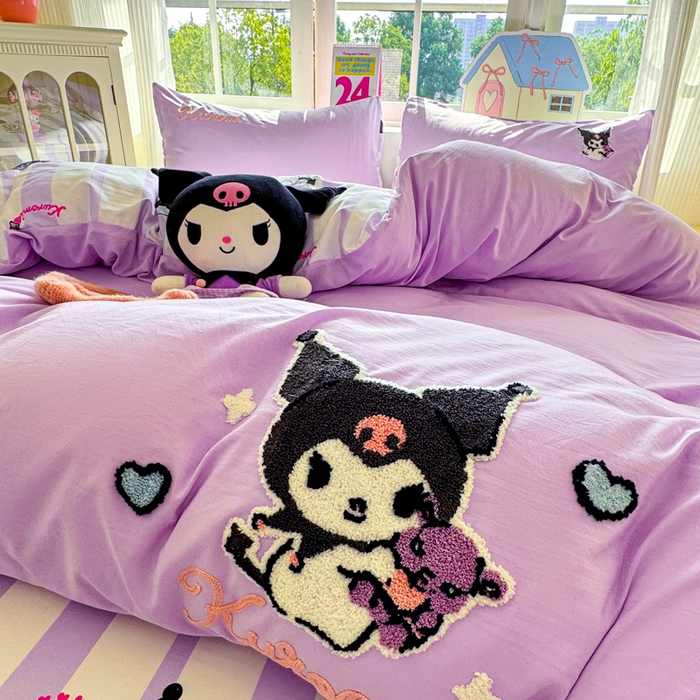 91家纺网 家纺一手货源 找家纺 艾特你 2025新款三丽鸥水洗云朵棉毛巾绣四件套-三丽鸥 暗黑萝莉-紫