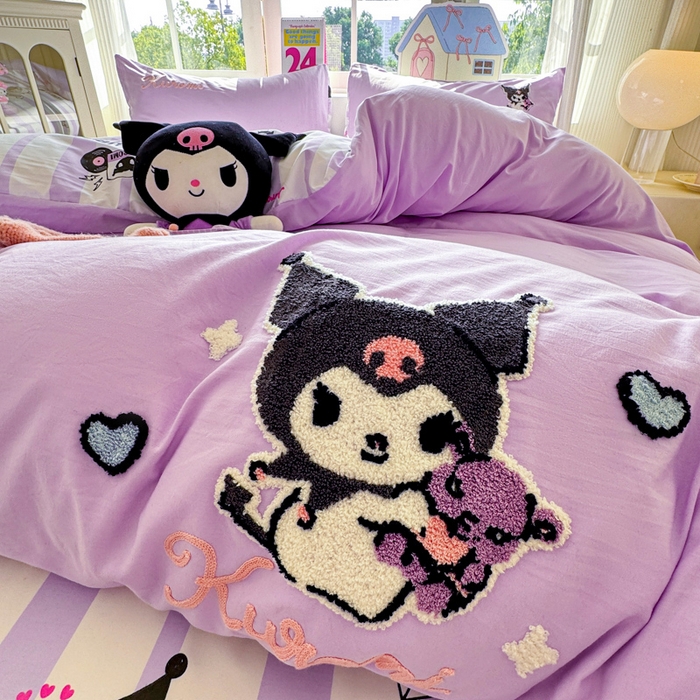 91家纺网 家纺一手货源 找家纺 艾特你 2025新款三丽鸥水洗云朵棉毛巾绣四件套-三丽鸥 暗黑萝莉-紫