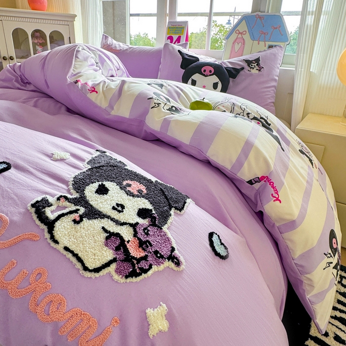 91家纺网 家纺一手货源 找家纺 艾特你 2025新款三丽鸥水洗云朵棉毛巾绣四件套-三丽鸥 暗黑萝莉-紫