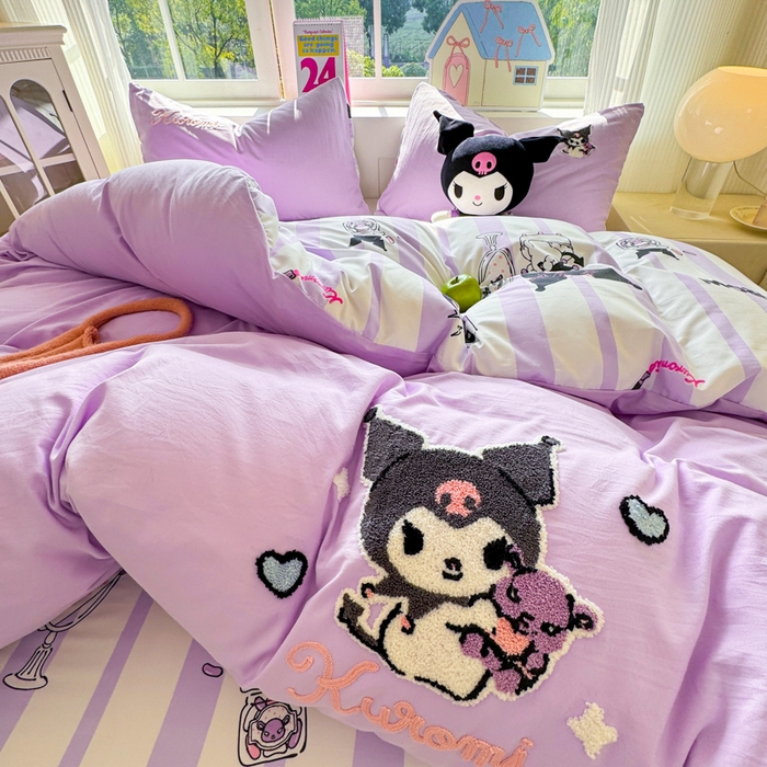 91家纺网 家纺一手货源 找家纺 艾特你 2025新款三丽鸥水洗云朵棉毛巾绣四件套-三丽鸥 暗黑萝莉-紫