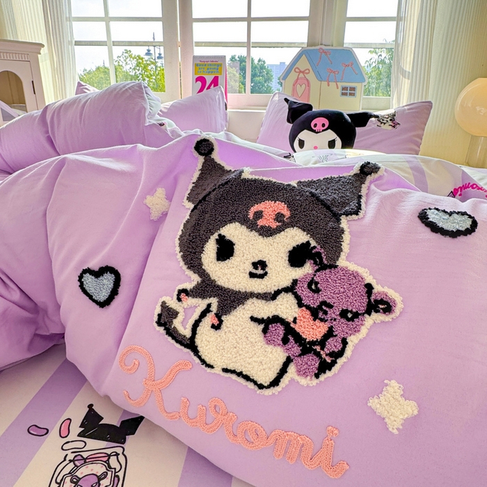 91家纺网 家纺一手货源 找家纺 艾特你 2025新款三丽鸥水洗云朵棉毛巾绣四件套-三丽鸥 暗黑萝莉-紫