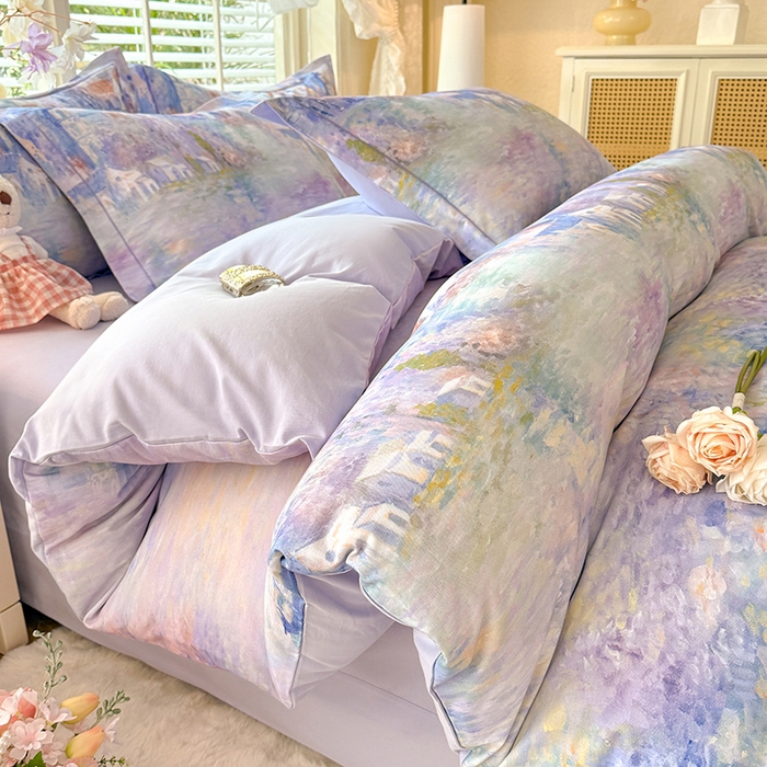 91家纺网 家纺一手货源 找家纺 巧玲珑 2025新款100%数码印花生态AB版四件套 雪宁