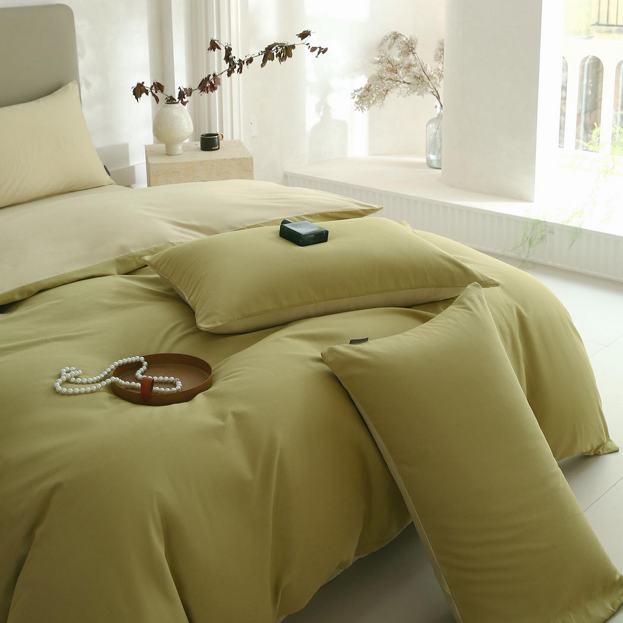 91家纺网 家纺一手货源 找家纺 宜家坊 2025新款A类60支长绒棉纯色磨毛四件套 抹茶海盐