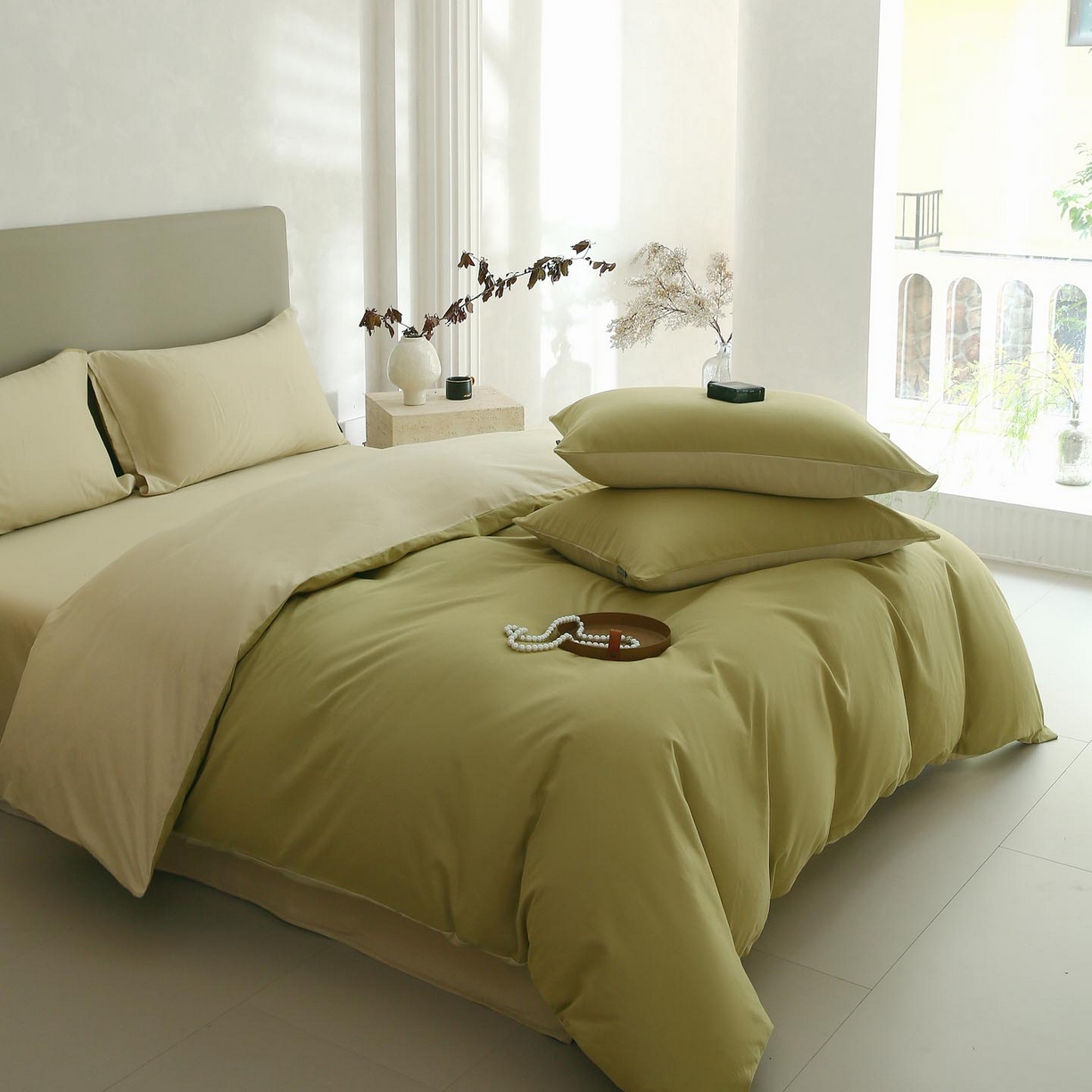 91家纺网 家纺一手货源 找家纺 宜家坊 2025新款A类60支长绒棉纯色磨毛四件套 抹茶海盐