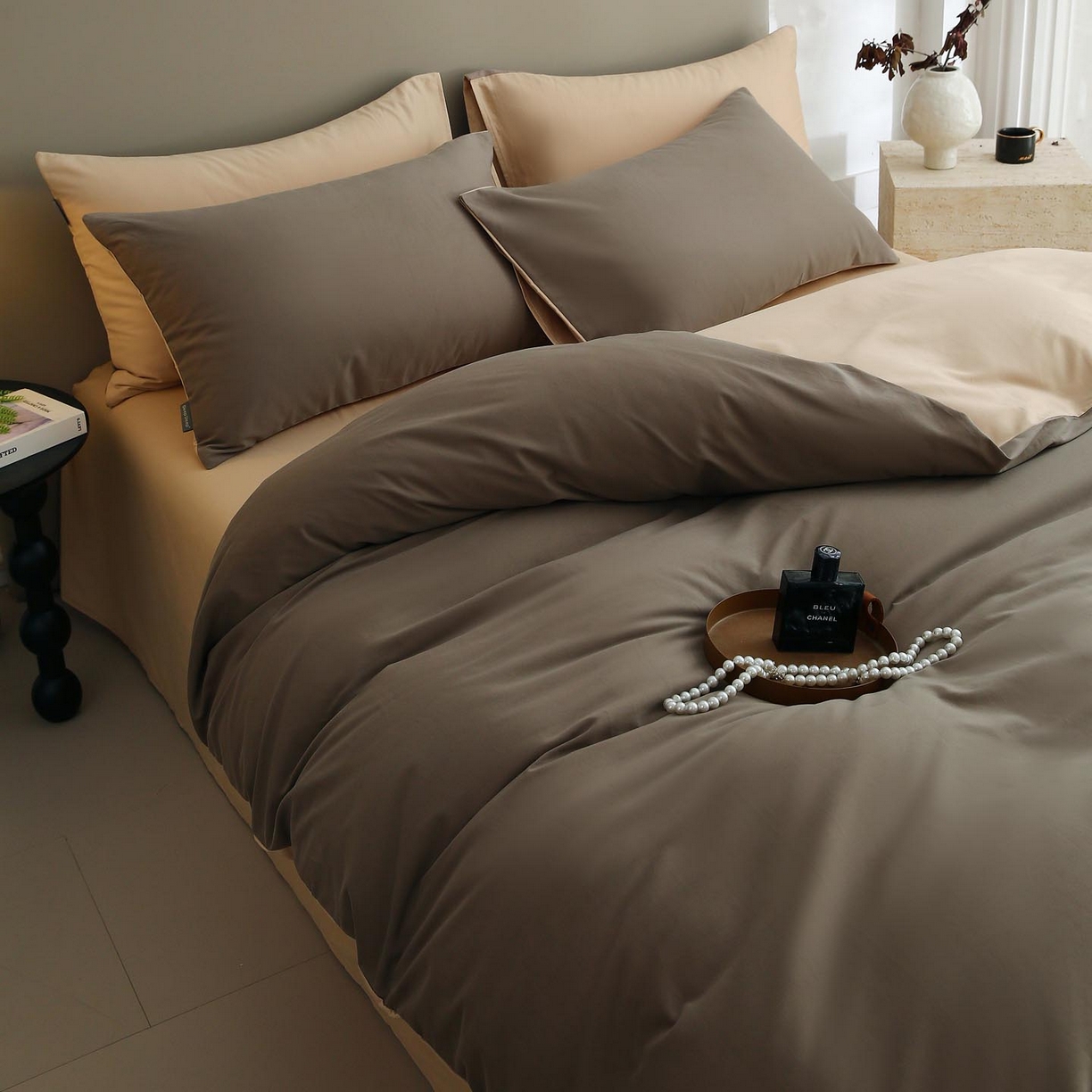 91家纺网 家纺一手货源 找家纺 宜家坊 2025新款A类60支长绒棉纯色磨毛四件套 焦糖曲奇