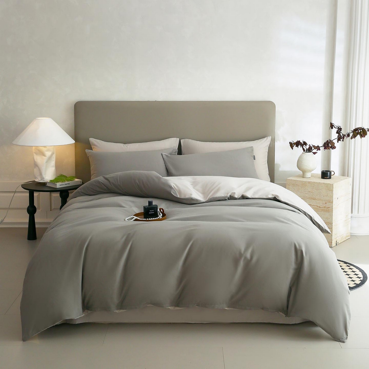 91家纺网 家纺一手货源 找家纺 宜家坊 2025新款A类60支长绒棉纯色磨毛四件套 烟墨灰