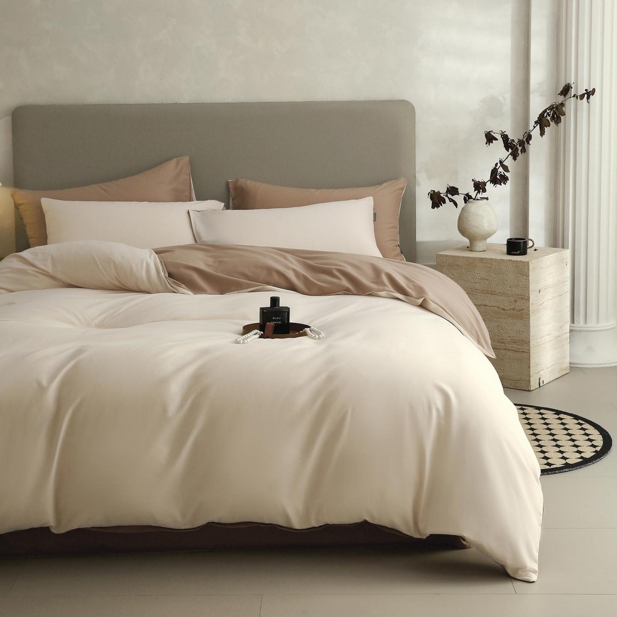 91家纺网 家纺一手货源 找家纺 宜家坊 2025新款A类60支长绒棉纯色磨毛四件套 云纱可可