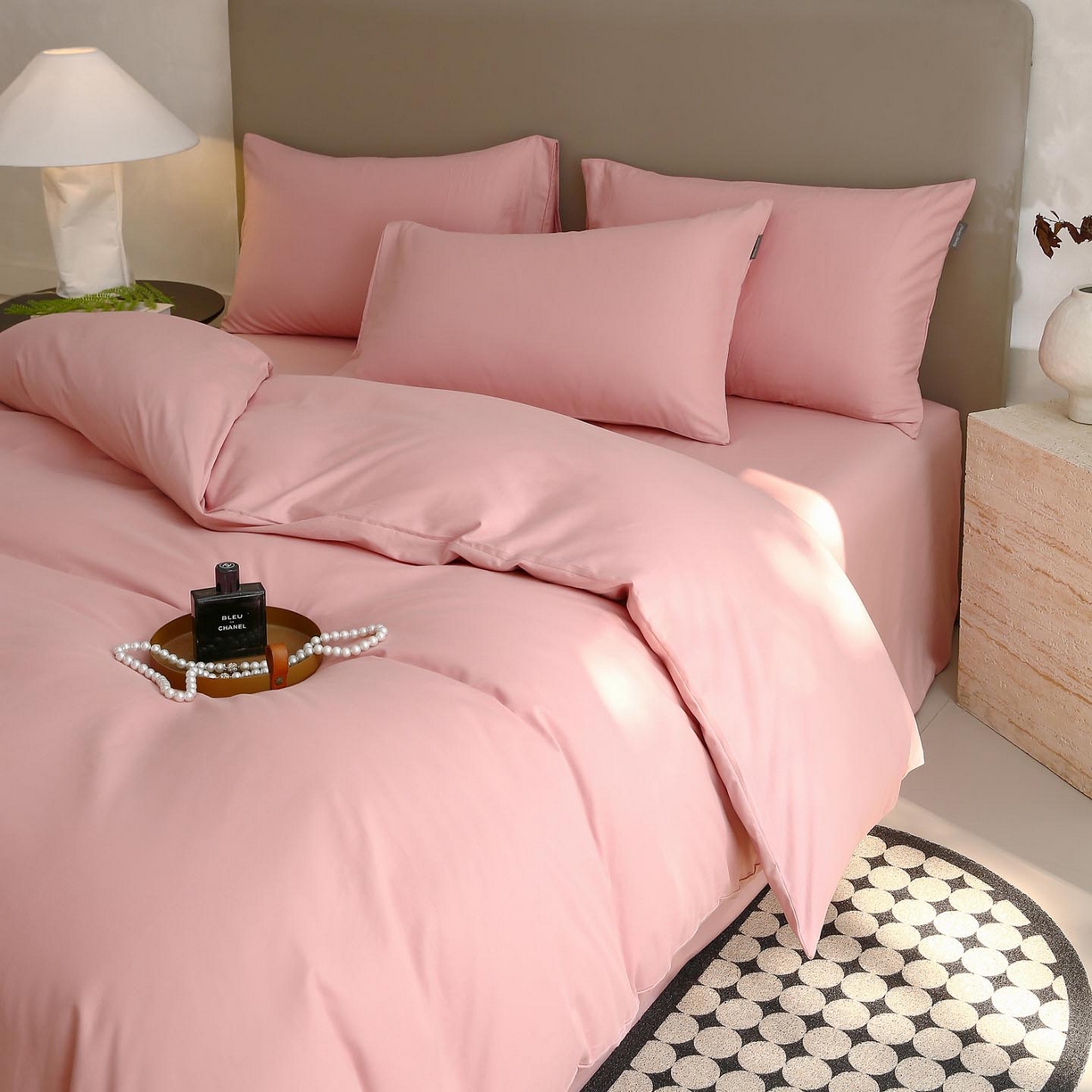 91家纺网 家纺一手货源 找家纺 宜家坊 2025新款A类60支长绒棉纯色磨毛四件套 暮砂粉