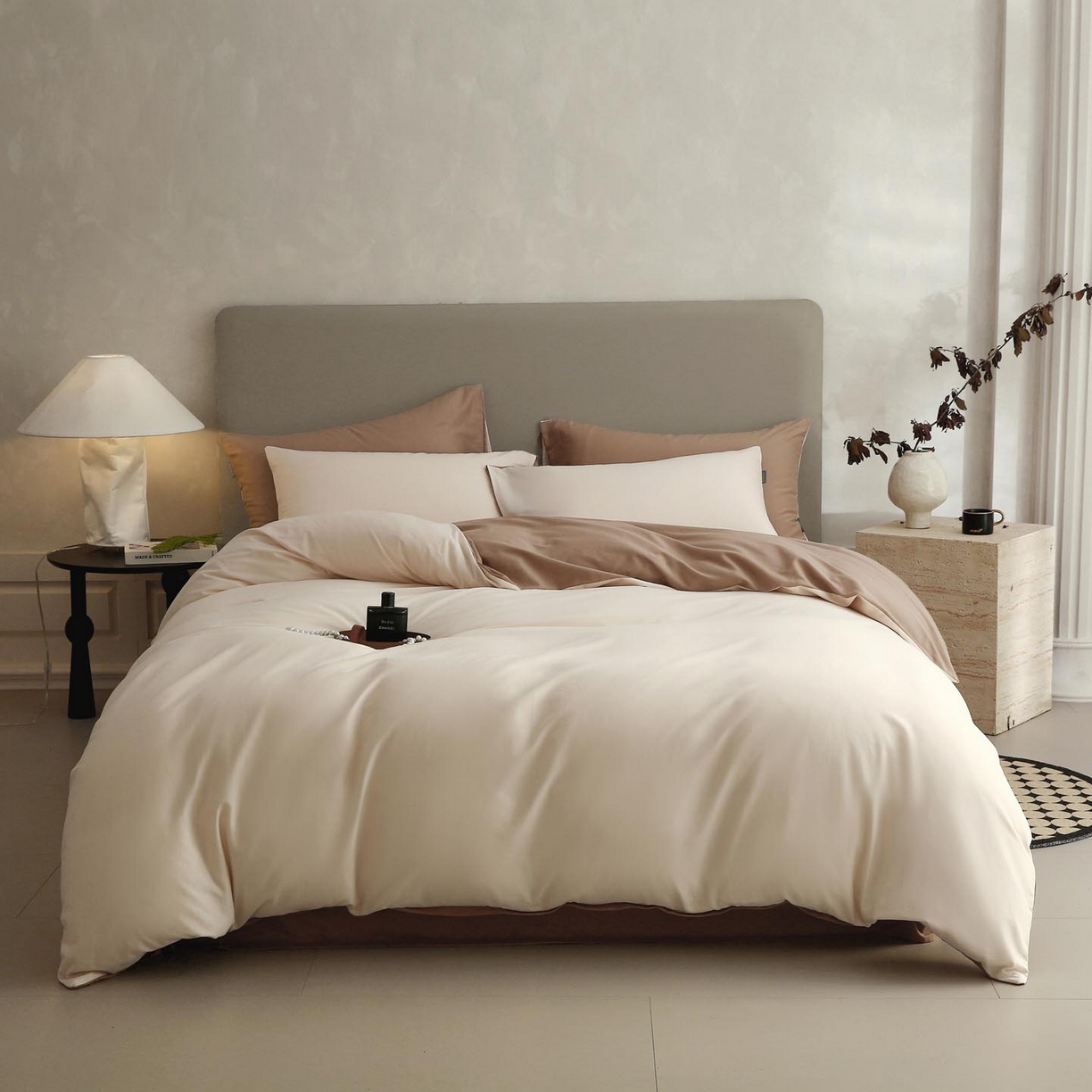 91家纺网 家纺一手货源 找家纺 宜家坊 2025新款A类60支长绒棉纯色磨毛四件套 云纱可可