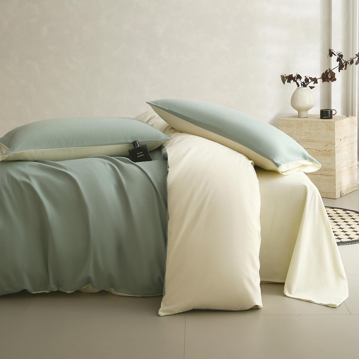 宜家坊 2025新款A类60支长绒棉纯色磨毛四件套 风青月白