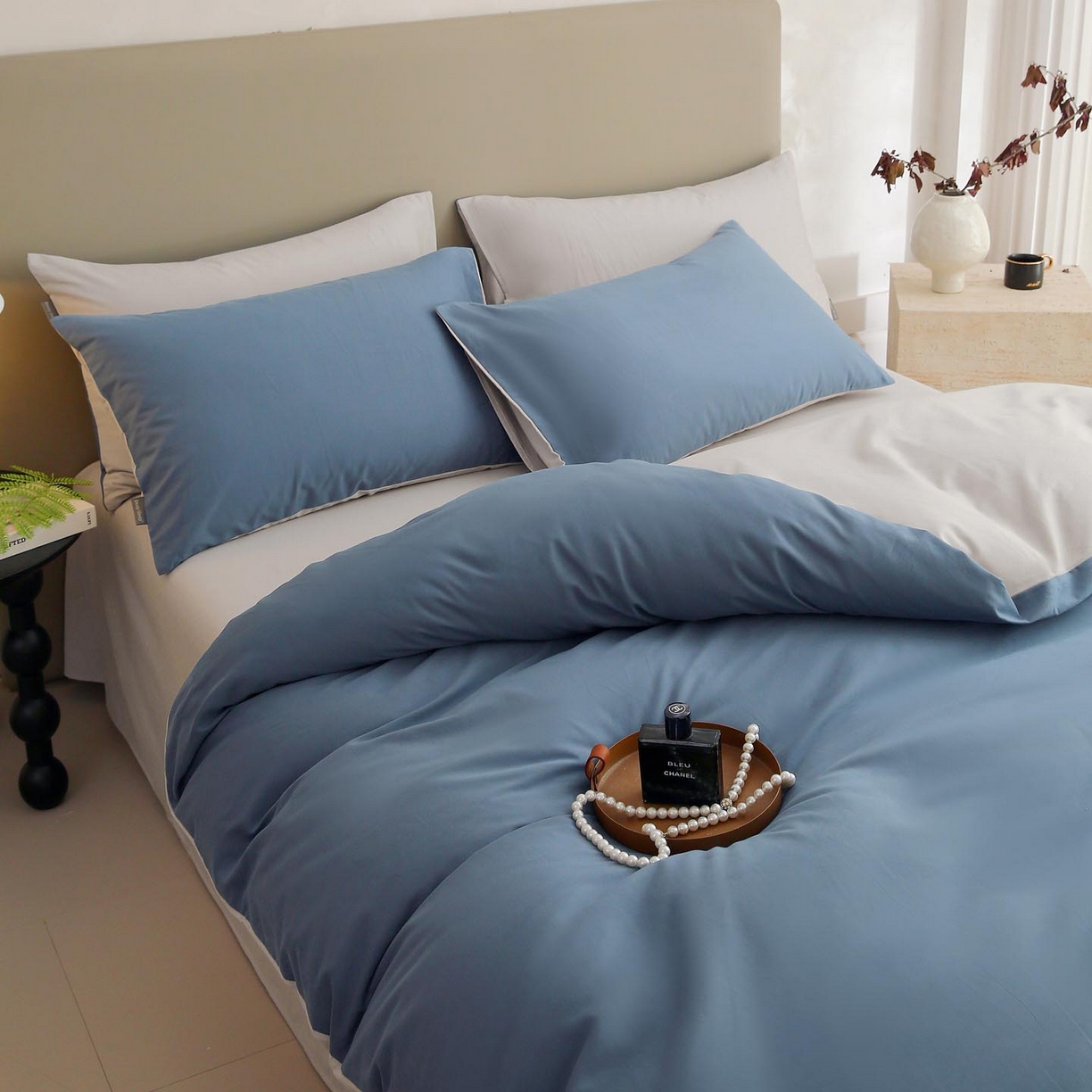 91家纺网 家纺一手货源 找家纺 宜家坊 2025新款A类60支长绒棉纯色磨毛四件套 蓝韵雾纱