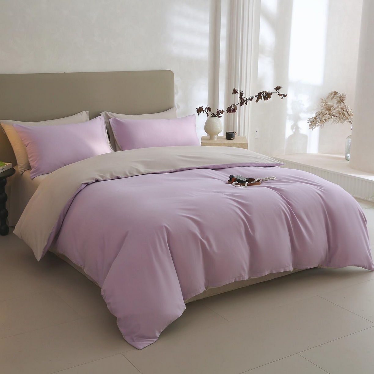 91家纺网 家纺一手货源 找家纺 宜家坊 2025新款A类60支长绒棉纯色磨毛四件套 紫粟灰
