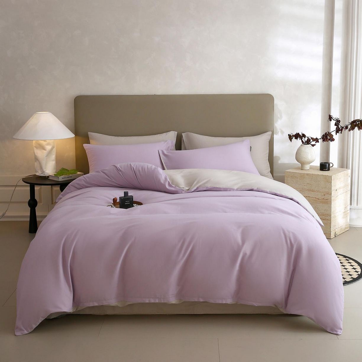 91家纺网 家纺一手货源 找家纺 宜家坊 2025新款A类60支长绒棉纯色磨毛四件套 紫粟灰