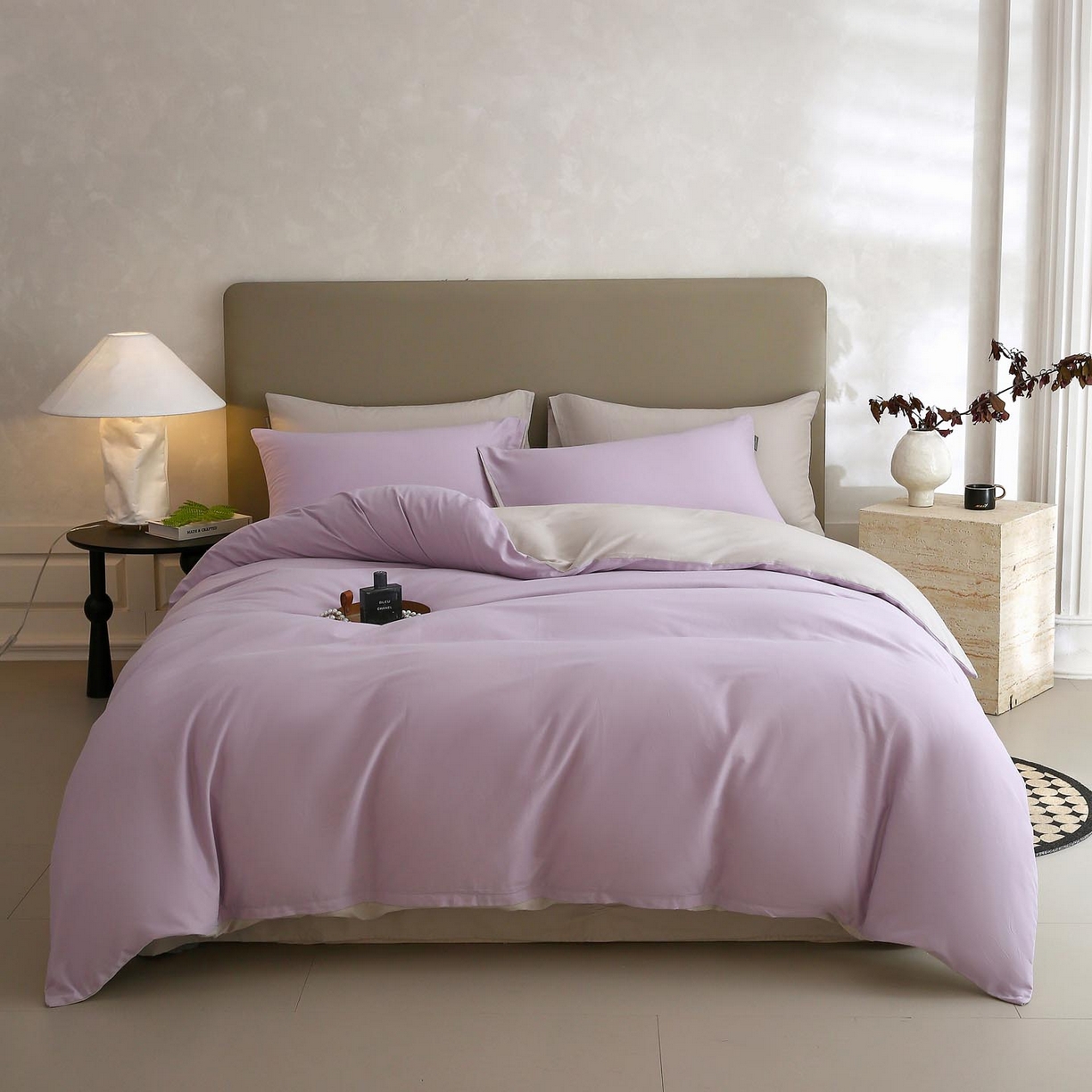 91家纺网 家纺一手货源 找家纺 宜家坊 2025新款A类60支长绒棉纯色磨毛四件套 紫粟灰