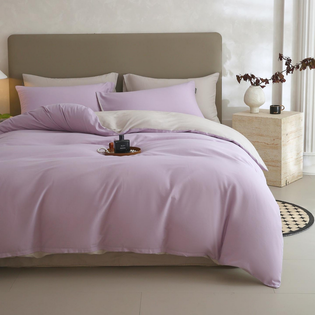 91家纺网 家纺一手货源 找家纺 宜家坊 2025新款A类60支长绒棉纯色磨毛四件套 紫粟灰