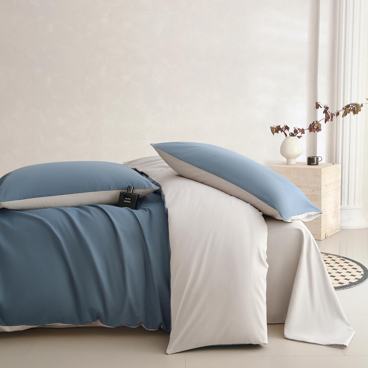 宜家坊 2025新款A类60支长绒棉纯色磨毛四件套 蓝韵雾纱