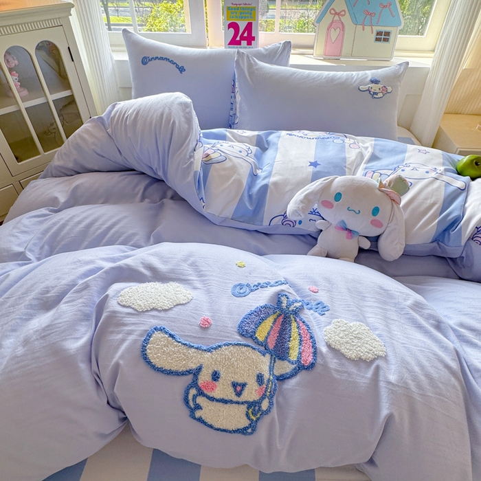 91家纺网 家纺一手货源 找家纺 艾特你 2025新款三丽鸥水洗云朵棉毛巾绣四件套-三丽鸥 蓝天小狗