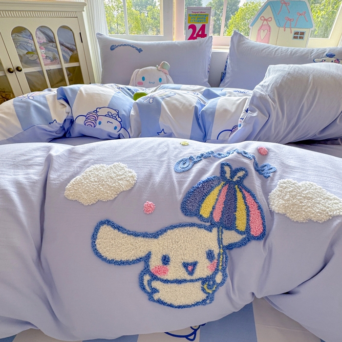 91家纺网 家纺一手货源 找家纺 艾特你 2025新款三丽鸥水洗云朵棉毛巾绣四件套-三丽鸥 蓝天小狗