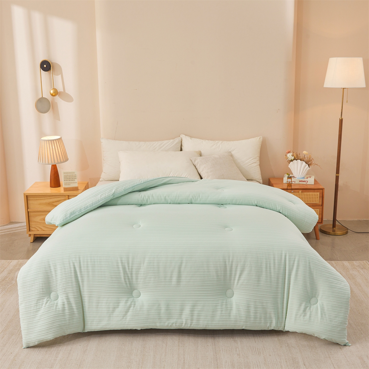 91家纺网 家纺一手货源 找家纺 易博家纺 2025新款无印风良品类提花竖条泡泡纱被冬被被芯春秋被空调被 果绿