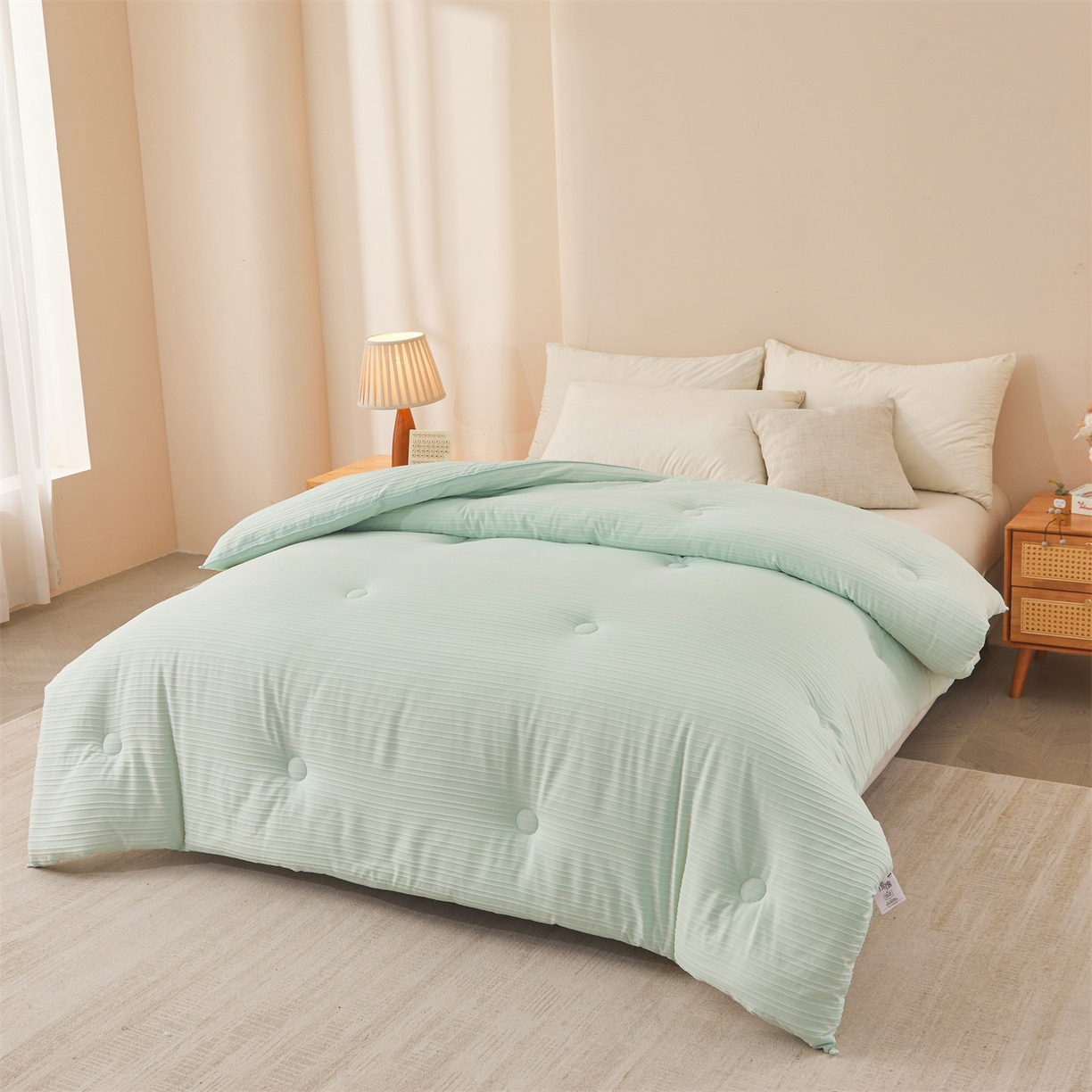 91家纺网 家纺一手货源 找家纺 易博家纺 2025新款无印风良品类提花竖条泡泡纱被冬被被芯春秋被空调被 果绿