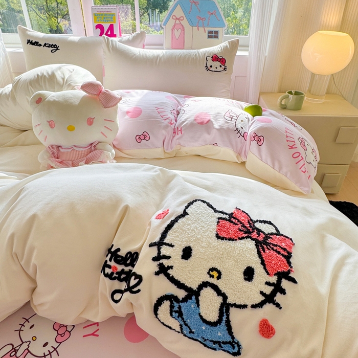 艾特你 2025新款三丽鸥水洗云朵棉毛巾绣四件套-三丽鸥 甜心Kitty-白