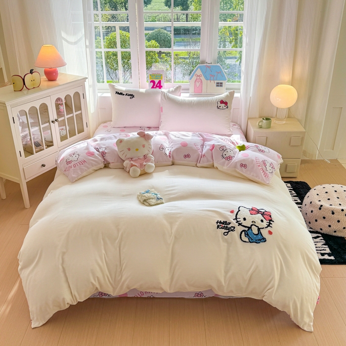 91家纺网 家纺一手货源 找家纺 艾特你 2025新款三丽鸥水洗云朵棉毛巾绣四件套-三丽鸥 甜心Kitty-白