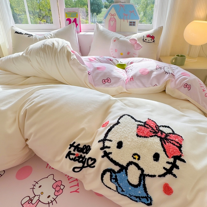 91家纺网 家纺一手货源 找家纺 艾特你 2025新款三丽鸥水洗云朵棉毛巾绣四件套-三丽鸥 甜心Kitty-白