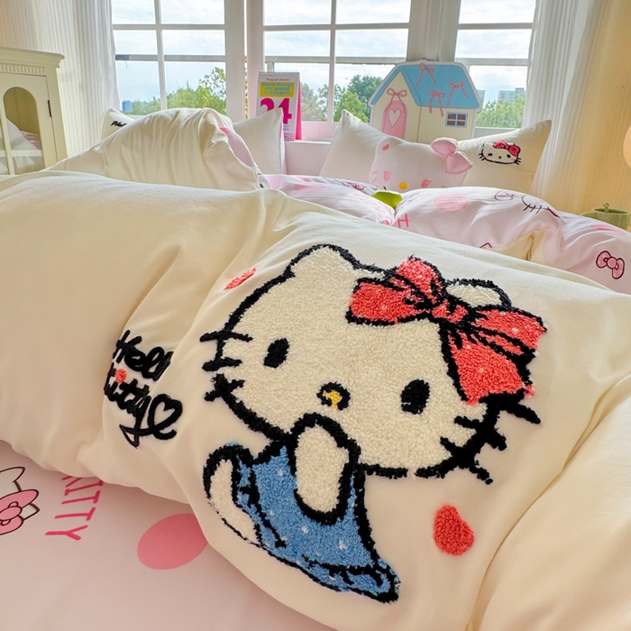 91家纺网 家纺一手货源 找家纺 艾特你 2025新款三丽鸥水洗云朵棉毛巾绣四件套-三丽鸥 甜心Kitty-白