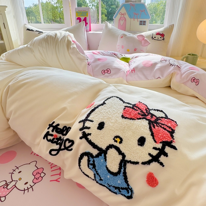 91家纺网 家纺一手货源 找家纺 艾特你 2025新款三丽鸥水洗云朵棉毛巾绣四件套-三丽鸥 甜心Kitty-白