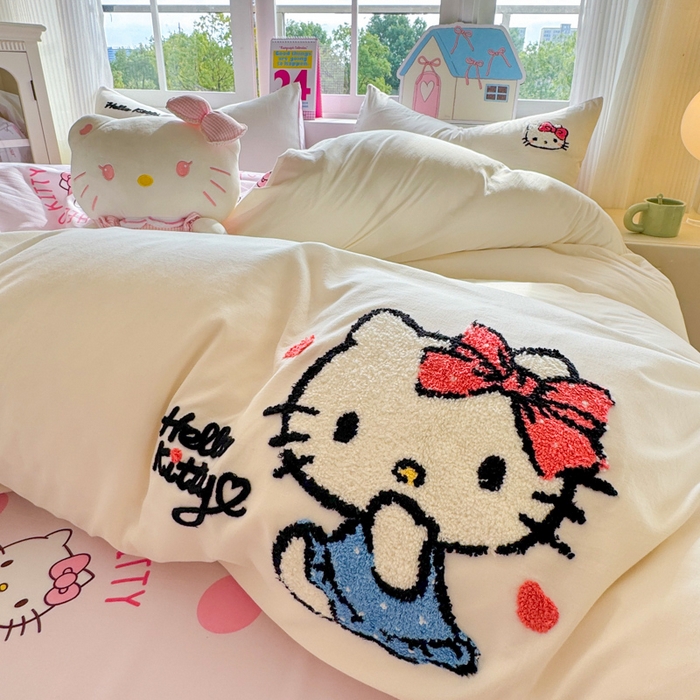 91家纺网 家纺一手货源 找家纺 艾特你 2025新款三丽鸥水洗云朵棉毛巾绣四件套-三丽鸥 甜心Kitty-白