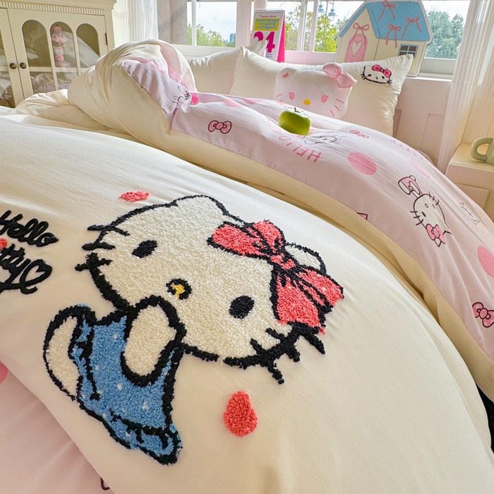 91家纺网 家纺一手货源 找家纺 艾特你 2025新款三丽鸥水洗云朵棉毛巾绣四件套-三丽鸥 甜心Kitty-白