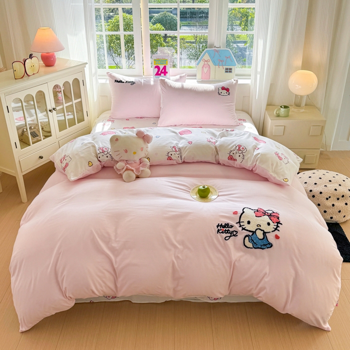 91家纺网 家纺一手货源 找家纺 艾特你 2025新款三丽鸥水洗云朵棉毛巾绣四件套-三丽鸥 甜心Kitty-粉