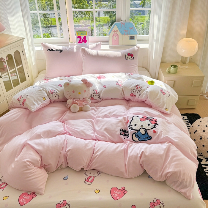 91家纺网 家纺一手货源 找家纺 艾特你 2025新款三丽鸥水洗云朵棉毛巾绣四件套-三丽鸥 甜心Kitty-粉