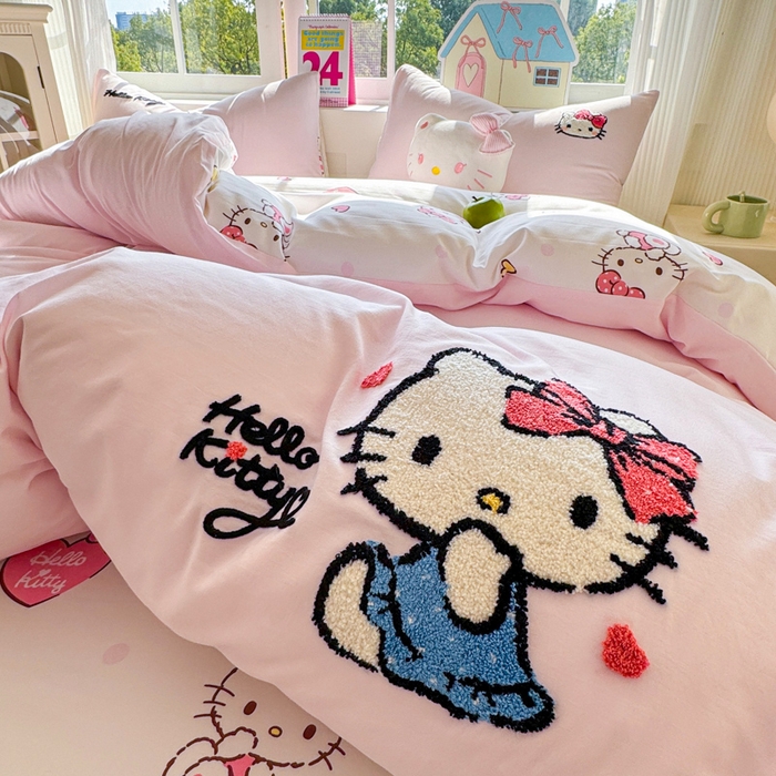 91家纺网 家纺一手货源 找家纺 艾特你 2025新款三丽鸥水洗云朵棉毛巾绣四件套-三丽鸥 甜心Kitty-粉