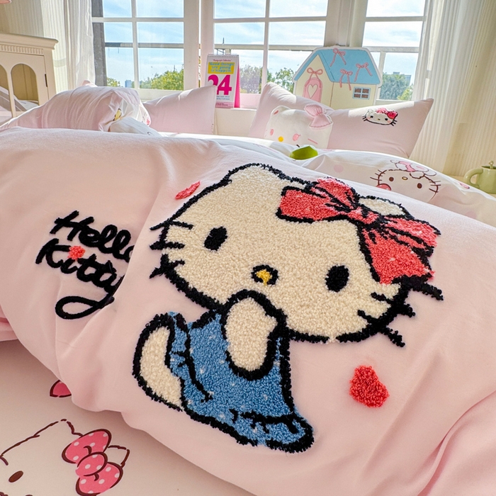 91家纺网 家纺一手货源 找家纺 艾特你 2025新款三丽鸥水洗云朵棉毛巾绣四件套-三丽鸥 甜心Kitty-粉