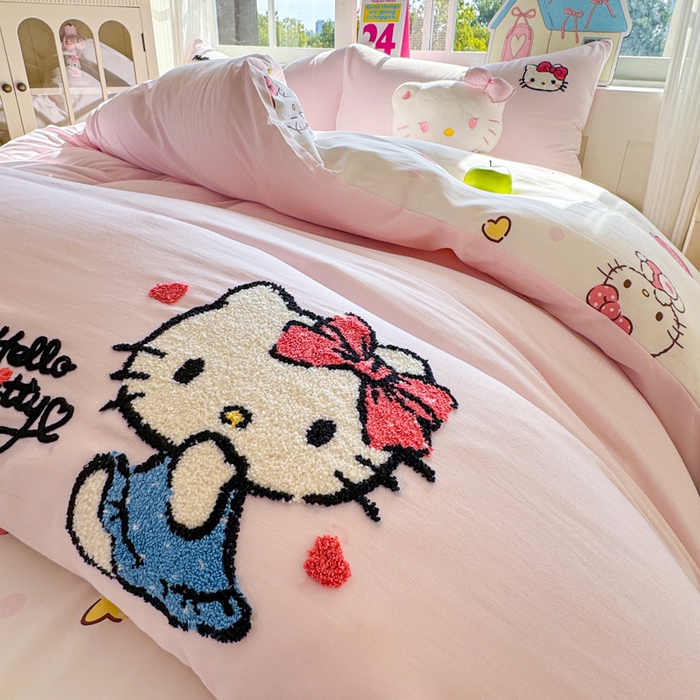 91家纺网 家纺一手货源 找家纺 艾特你 2025新款三丽鸥水洗云朵棉毛巾绣四件套-三丽鸥 甜心Kitty-粉