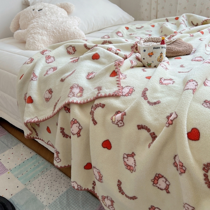 91家纺网 家纺一手货源 找家纺 萝莉家纺 2025新款四季多功能双面宝宝绒暖肤毯米粒绒毛毯 小猫绿