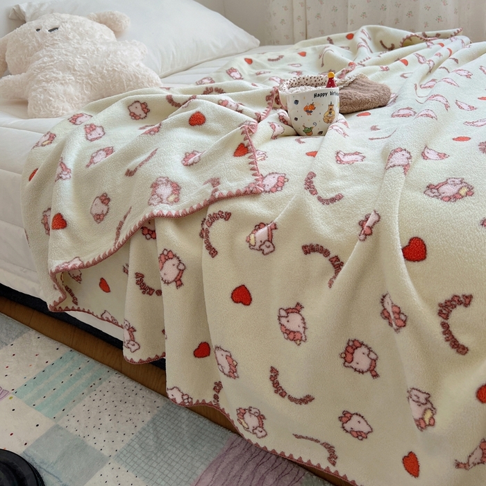 91家纺网 家纺一手货源 找家纺 萝莉家纺 2025新款四季多功能双面宝宝绒暖肤毯米粒绒毛毯 小猫绿