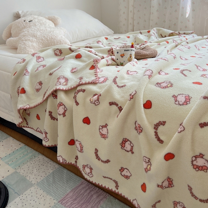 91家纺网 家纺一手货源 找家纺 萝莉家纺 2025新款四季多功能双面宝宝绒暖肤毯米粒绒毛毯 小猫绿