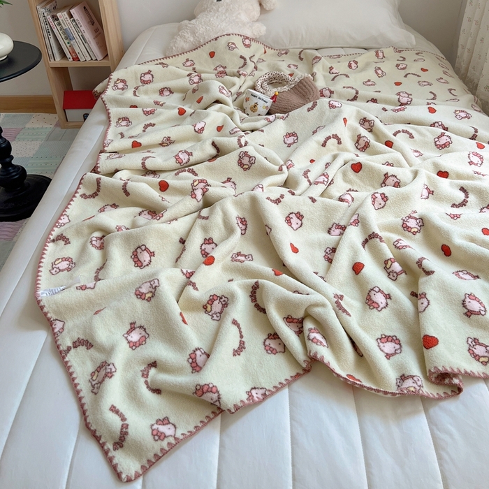 91家纺网 家纺一手货源 找家纺 萝莉家纺 2025新款四季多功能双面宝宝绒暖肤毯米粒绒毛毯 小猫绿