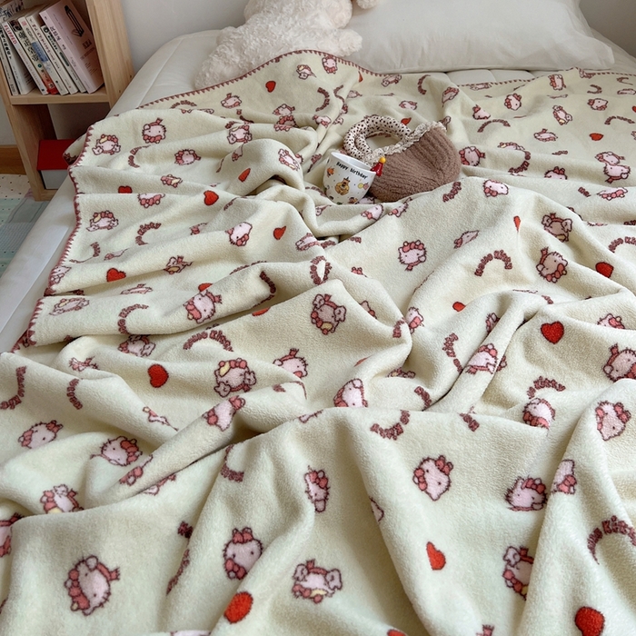 91家纺网 家纺一手货源 找家纺 萝莉家纺 2025新款四季多功能双面宝宝绒暖肤毯米粒绒毛毯 小猫绿