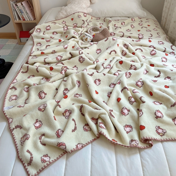 91家纺网 家纺一手货源 找家纺 萝莉家纺 2025新款四季多功能双面宝宝绒暖肤毯米粒绒毛毯 小猫绿