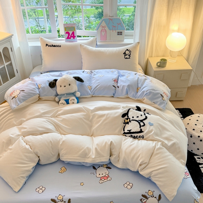 91家纺网 家纺一手货源 找家纺 艾特你 2025新款三丽鸥水洗云朵棉毛巾绣四件套-三丽鸥 调皮狗-白