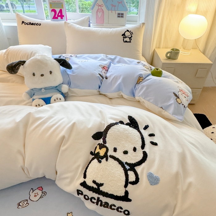 91家纺网 家纺一手货源 找家纺 艾特你 2025新款三丽鸥水洗云朵棉毛巾绣四件套-三丽鸥 调皮狗-白