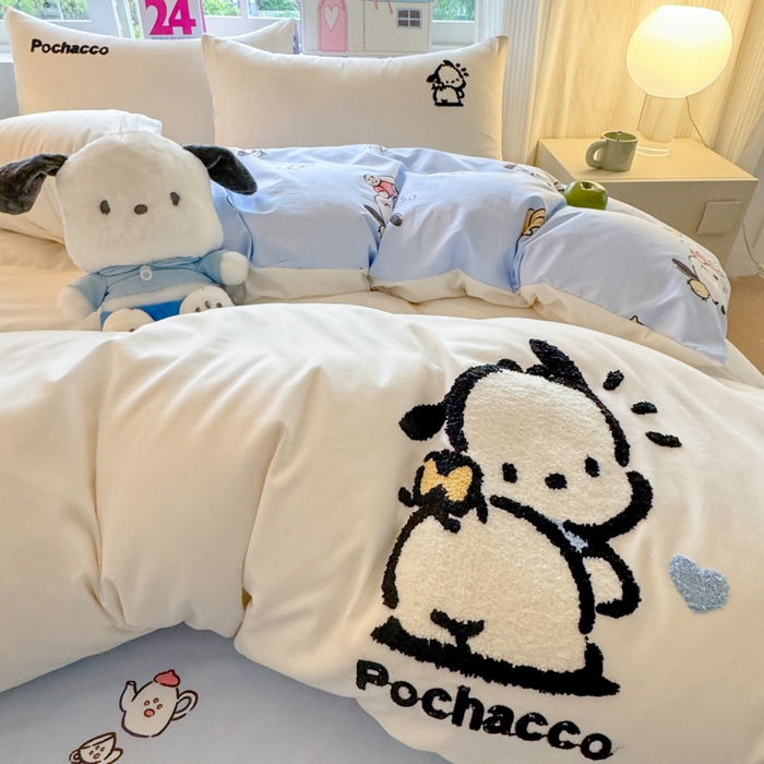 91家纺网 家纺一手货源 找家纺 艾特你 2025新款三丽鸥水洗云朵棉毛巾绣四件套-三丽鸥 调皮狗-白